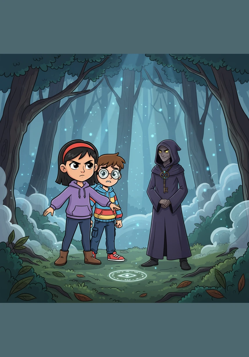 A piercing, mournful scream echoes through the dense woods, making the trees shiver in the wind. In the distance, a tall, faceless shadow flickers against the mist, watching the children with a presence that feels more lonely than malevolent.