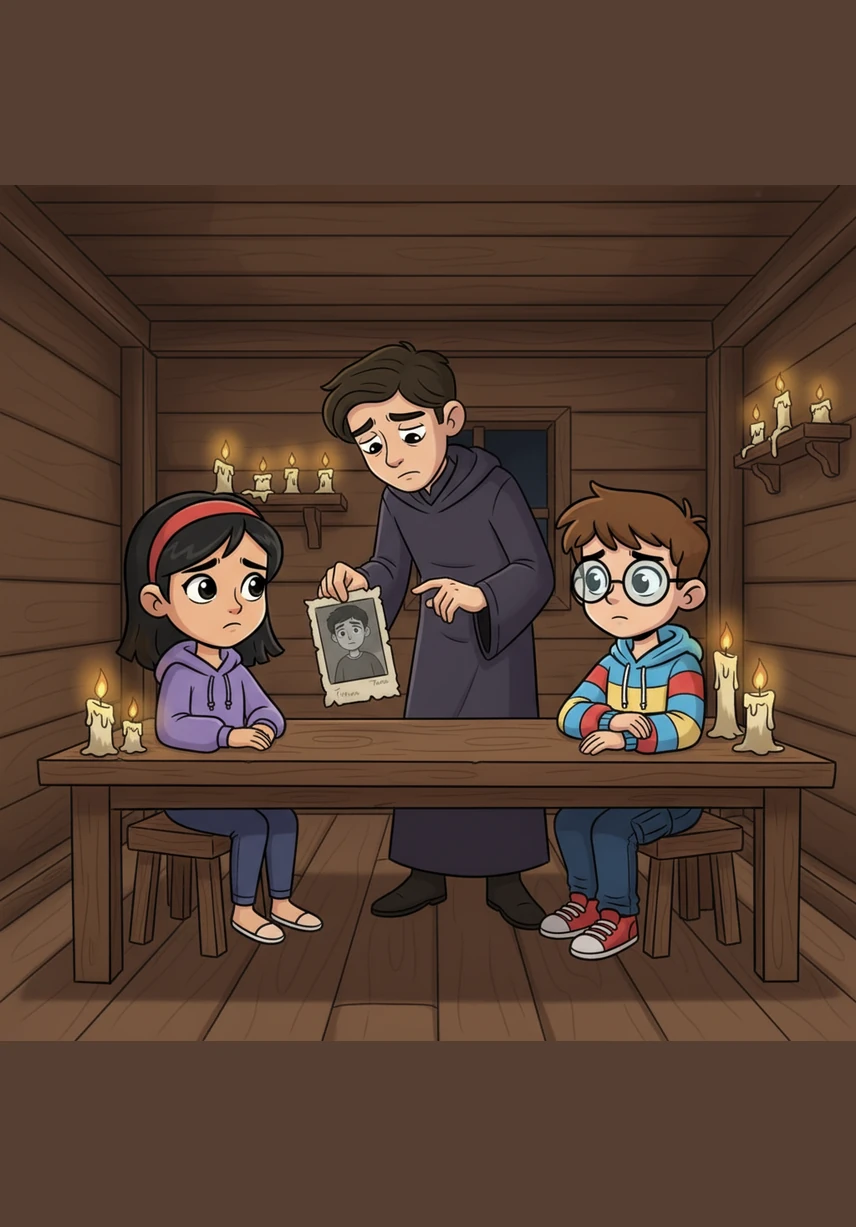 Inside a small, candlelit cabin, the Keeper shows the children a tattered photograph of a boy named Thomas. He tells the heartbreaking story of how Thomas was left behind by his friends forty years ago, his spirit trapped by the sadness of being forgotten.
