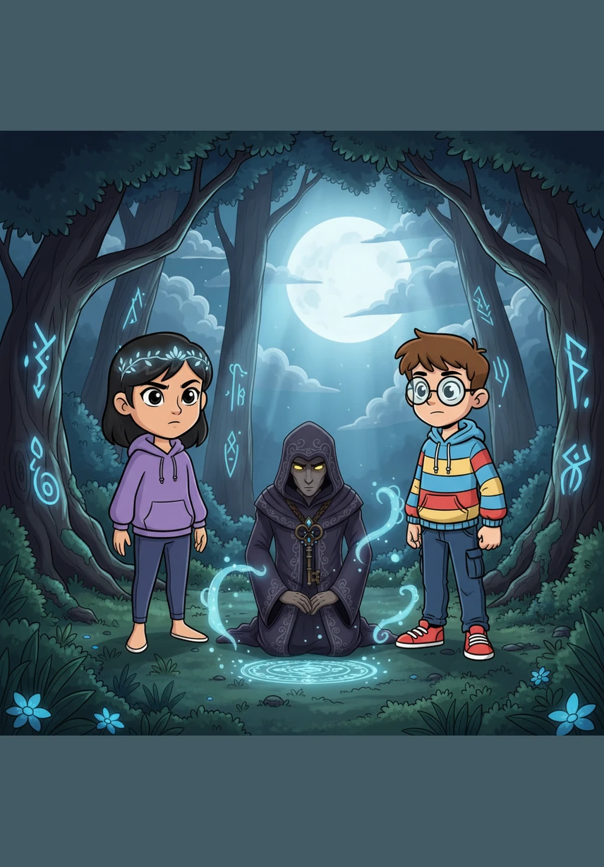 The faceless shadow steps out from behind a willow tree, its form shifting like smoke in the moonlight. Though the air grows cold, Maya steps forward bravely, holding out the tin whistle as a gesture of peace and friendship.