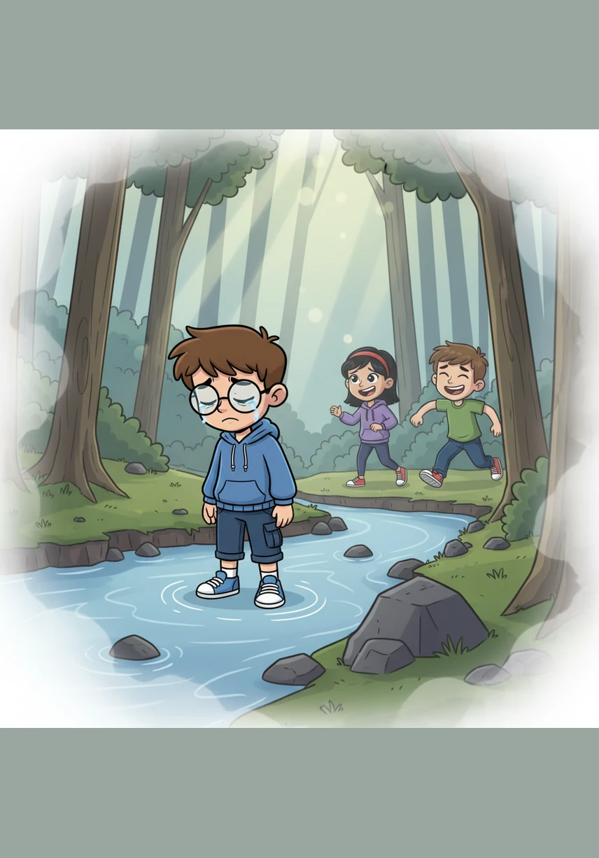 A swirling mist reveals a vision of the past, showing young Thomas standing alone while his friends run away laughing. The pain of his abandonment ripples through the air, making the creek’s whispers sound like soft, rhythmic sobbing.