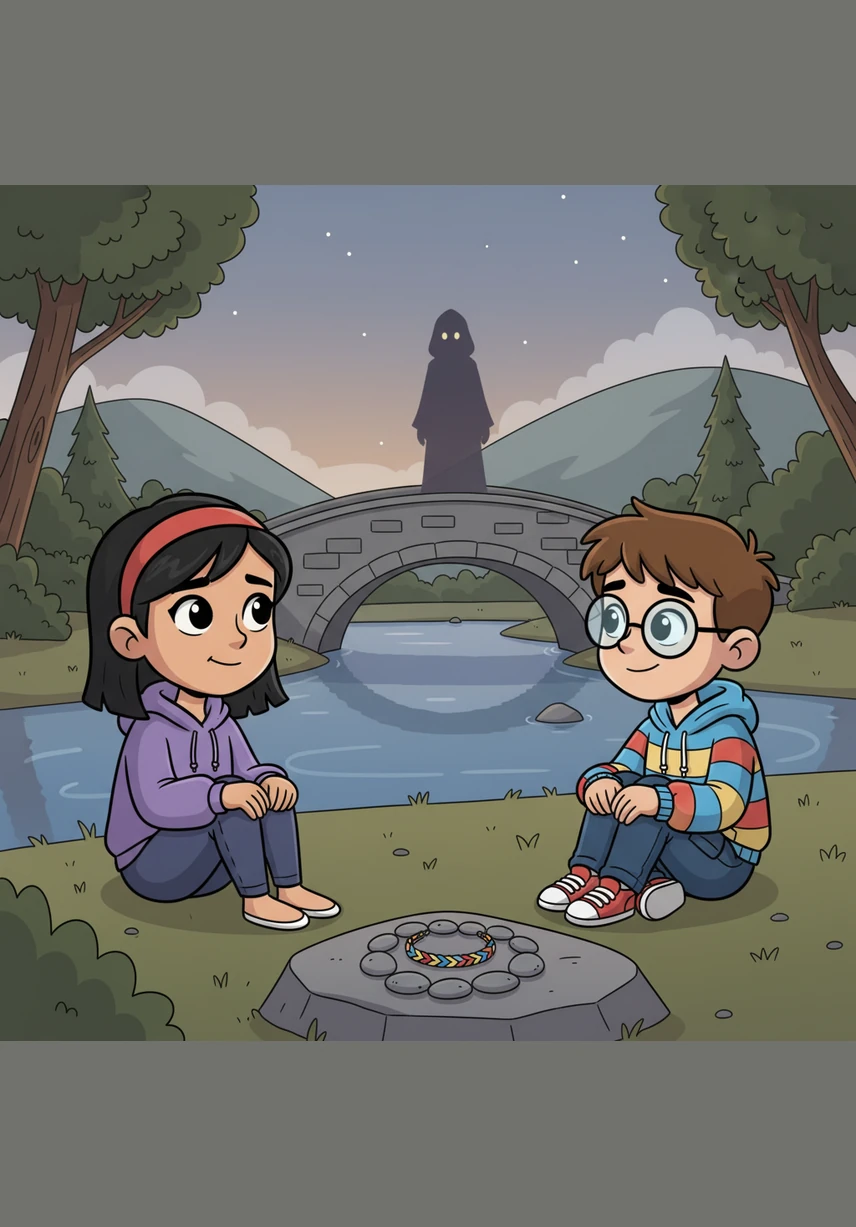 Jackson and Maya sit by the water's edge, speaking softly to the shadow and telling Thomas he is no longer alone. They leave a small circle of smooth river stones and a handmade friendship bracelet on the bridge as a tribute to him.
