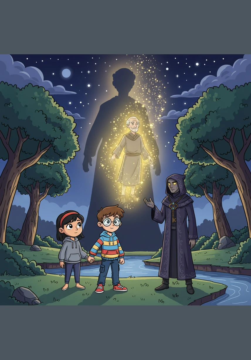 The dark shadow begins to transform, turning from a terrifying silhouette into a soft, golden light that warms the night air. Thomas’s spirit smiles for the first time in decades, his form slowly dissolving into the shimmering stars above the creek.