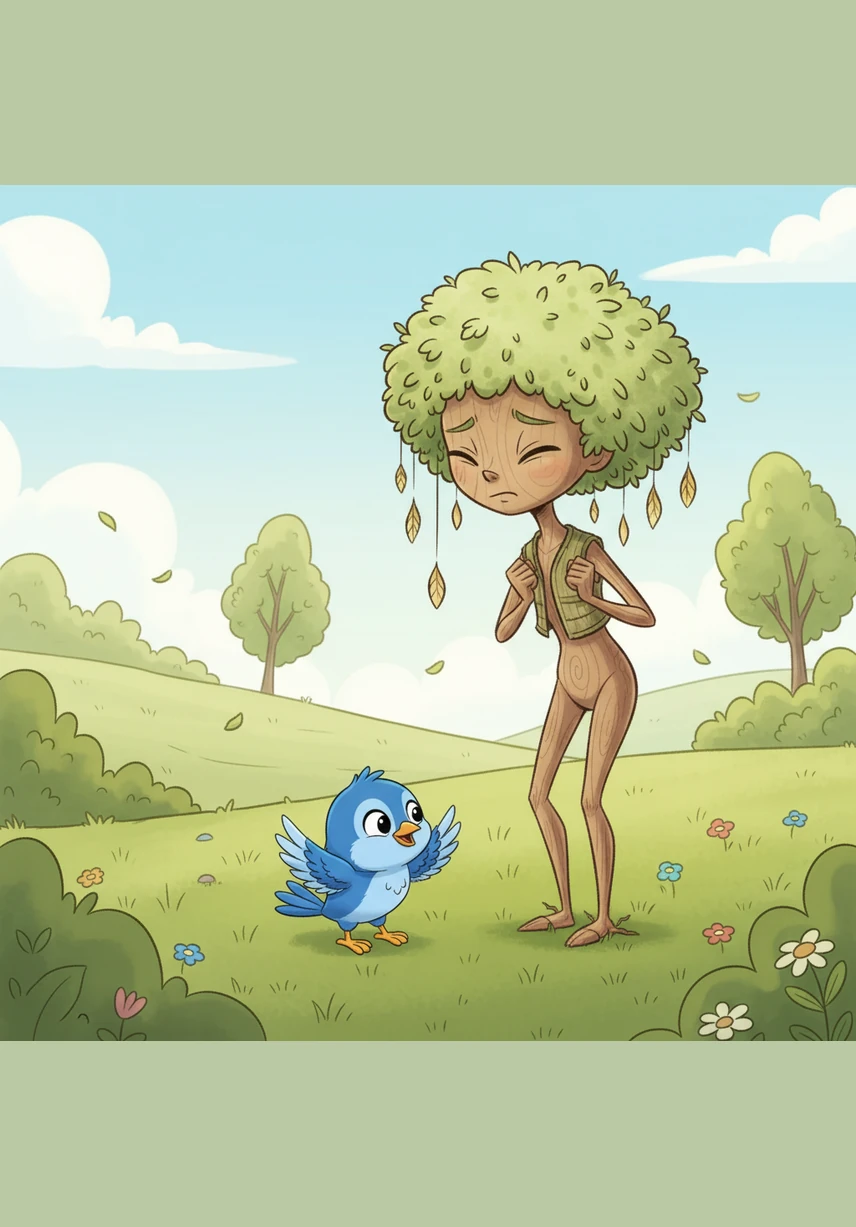 As a gentle breeze tickled the meadow, Willow stiffened her spine and clenched her leaves shut until they were tiny green fists. Pip chirped in surprise, feeling the tension in the wood beneath his little feet, and looked down at his nervous friend with kind eyes.