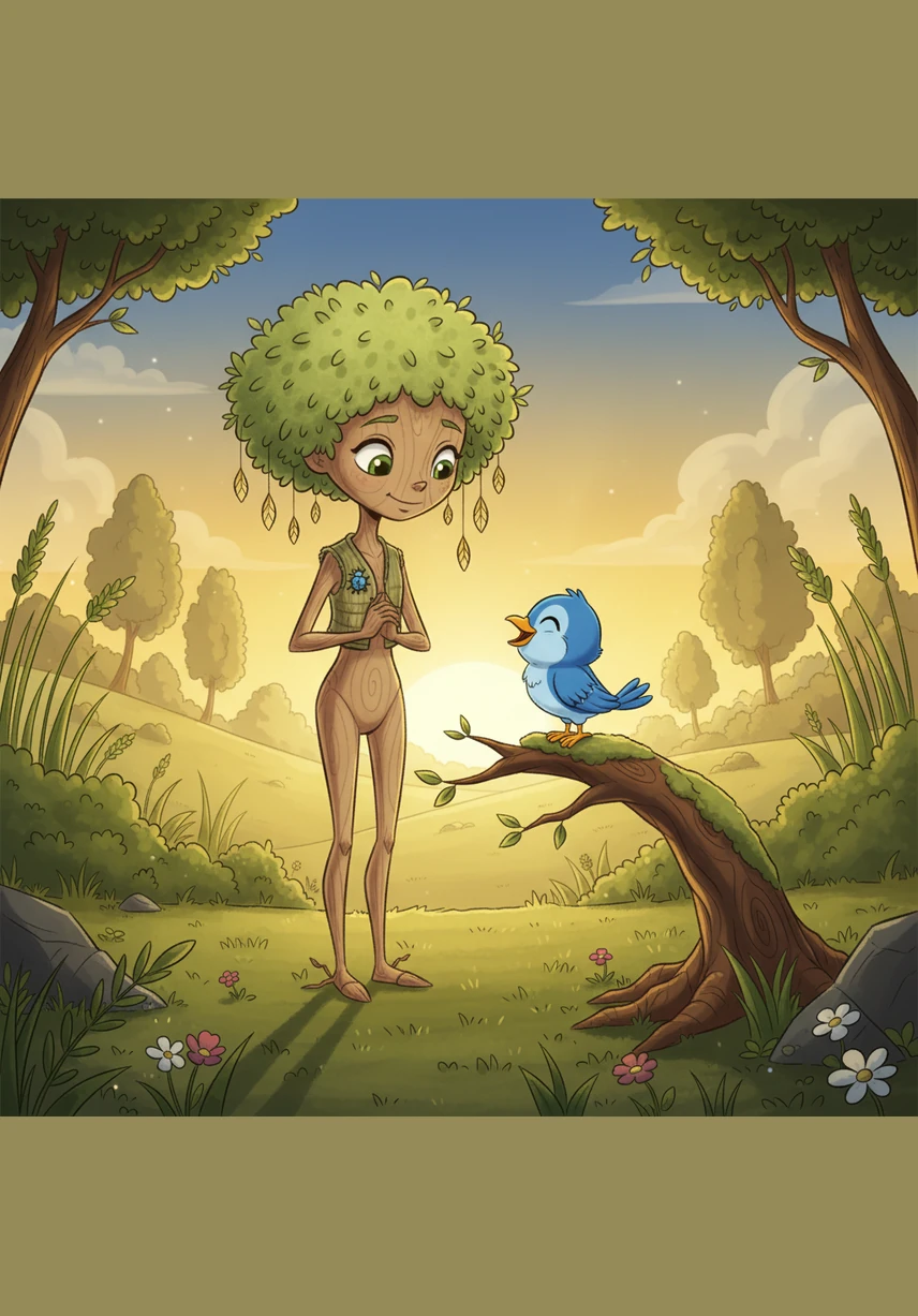 As the golden sun began to set, the meadow grew quiet and peaceful, and Willow stood tall and relaxed. She looked at Pip and whispered a rustling thank you with her leaves, knowing she would never have to be afraid of the wind's song ever again.