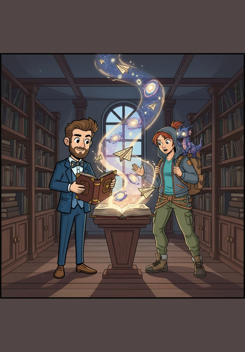 With a gentle touch, Oliver opened the book, and a soft emerald light spilled out, illuminating his face and the curious mechanical owls perched on his shoulders. He began to recount the legend of the Star-Mist Dragon, a creature said to hold the secrets of the universe.