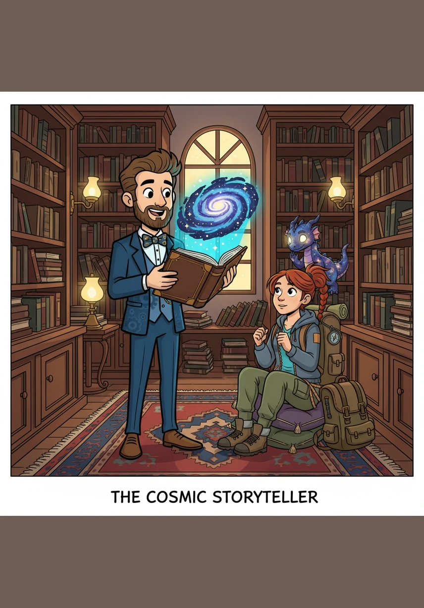 As Oliver spoke, the library walls seemed to dissolve, replaced by the shimmering mist of the dragon's cave. The mechanical owls hooted softly, fully entranced by the vivid images dancing in the air above the open pages.