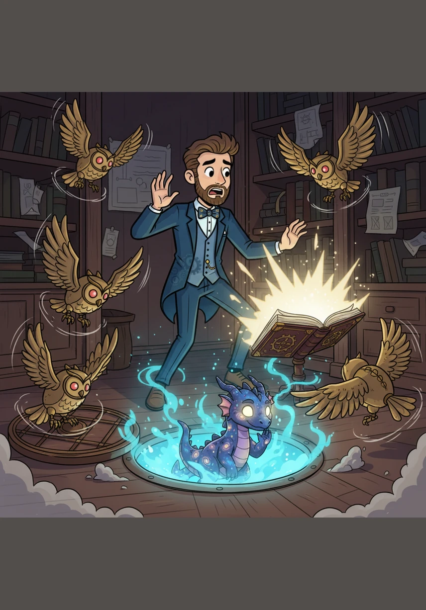 Oliver gasped and pulled back from the book, his eyes darting from the glowing pages to the mysterious light rising from the floor. The mechanical owls took flight in a flurry of brass wings, circling the opening trapdoor with frantic excitement.