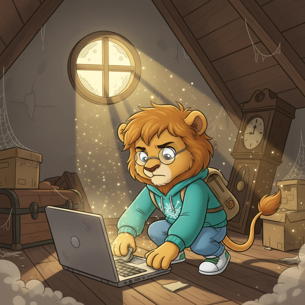 Leo, a bright-eyed child with messy hair, stumbles upon a forgotten, dusty laptop in the deepest corner of his grandma's attic. Sunbeams filter through a small window, illuminating motes of dust dancing around the ancient device. He carefully wipes away the grime, his heart thumping with excitement for what secrets it might hold.