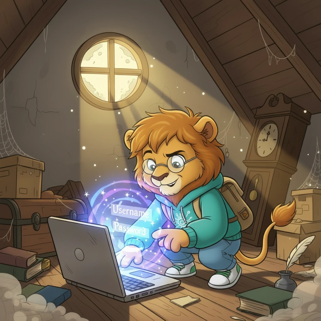With a click, the laptop flickers to life, displaying a peculiar login screen unlike any modern computer. Instead of typical fields, it shows swirling, starry patterns and two inviting, glowing boxes labeled 'Username' and 'Password.' Leo leans closer, his reflection shimmering in the ethereal light.