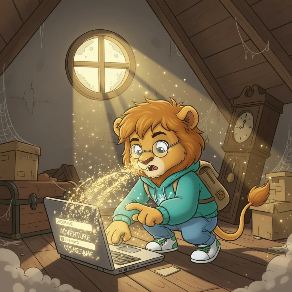 Inspired by old stories, Leo bravely types 'Adventure' into the username box, the letters glowing as they appear. For the password, he whispers 'OpenSesame,' and watches as the final letter dissolves into a burst of sparkling code. A soft hum fills the dusty attic.