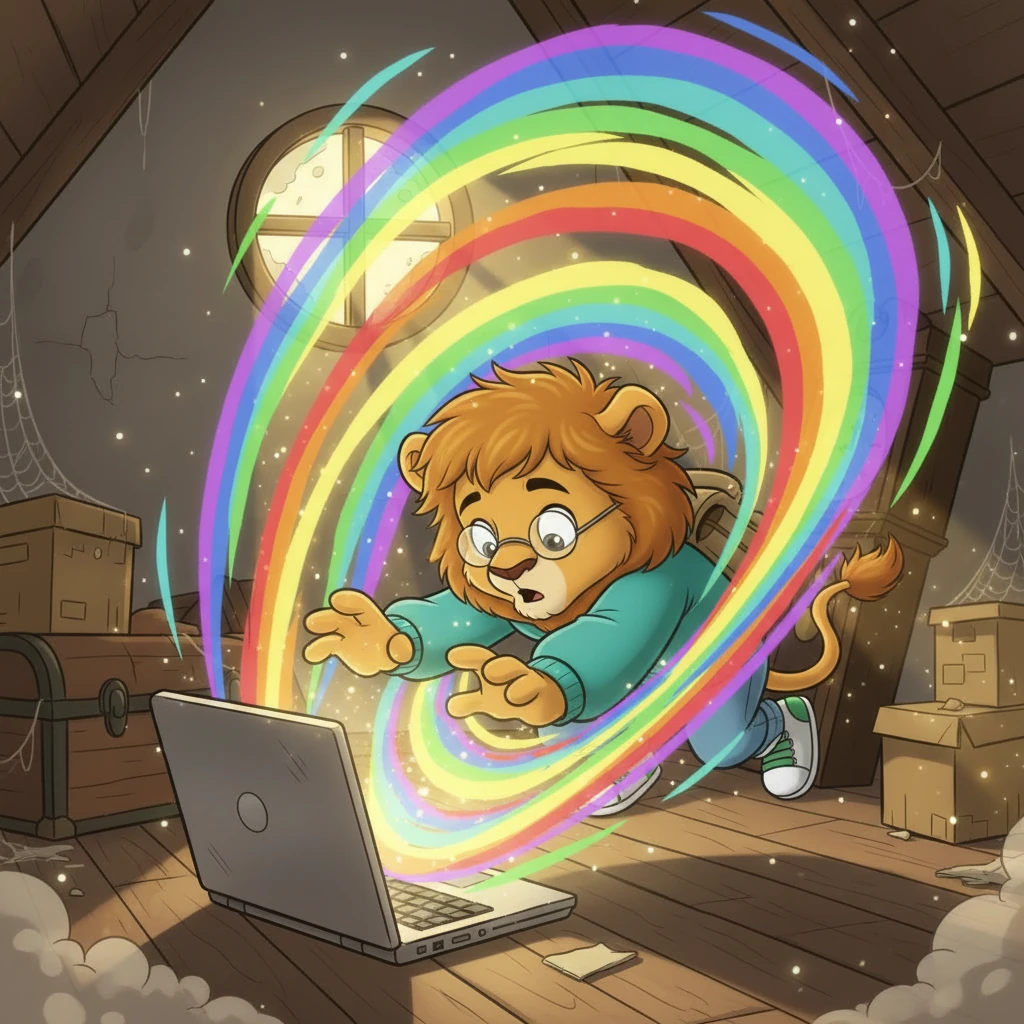 The screen erupts in a vortex of rainbow colors, pulling Leo forward with an irresistible force. His hands stretch out, eyes wide with wonder and a hint of surprise, as he tumbles headfirst into the digital abyss. The old laptop glows intensely, its lid slightly ajar.