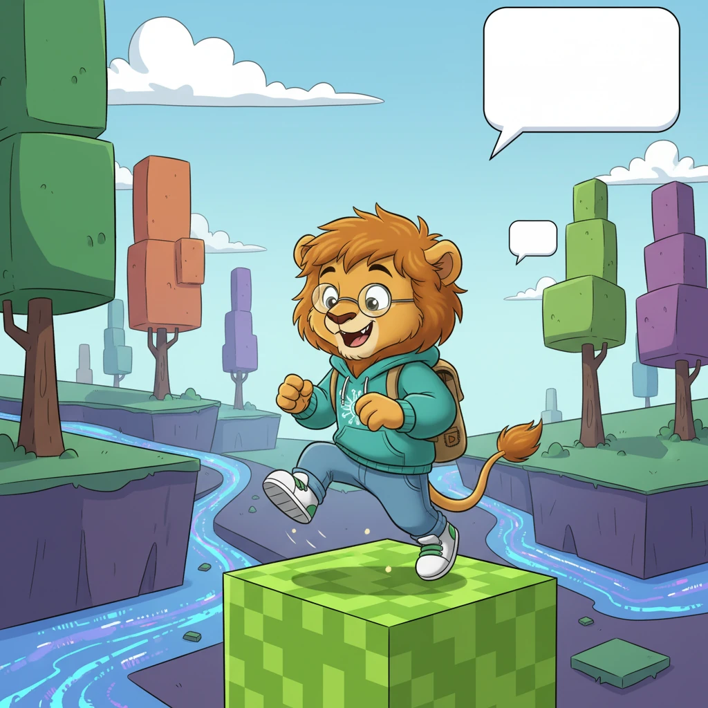 Leo lands with a soft thud on a bouncy, pixelated landscape, surrounded by blocky, vibrant trees and rivers that flow with shimmering data streams. Cartoon clouds shaped like speech bubbles float in the sky. He looks around in awe, a wide grin spreading across his face.