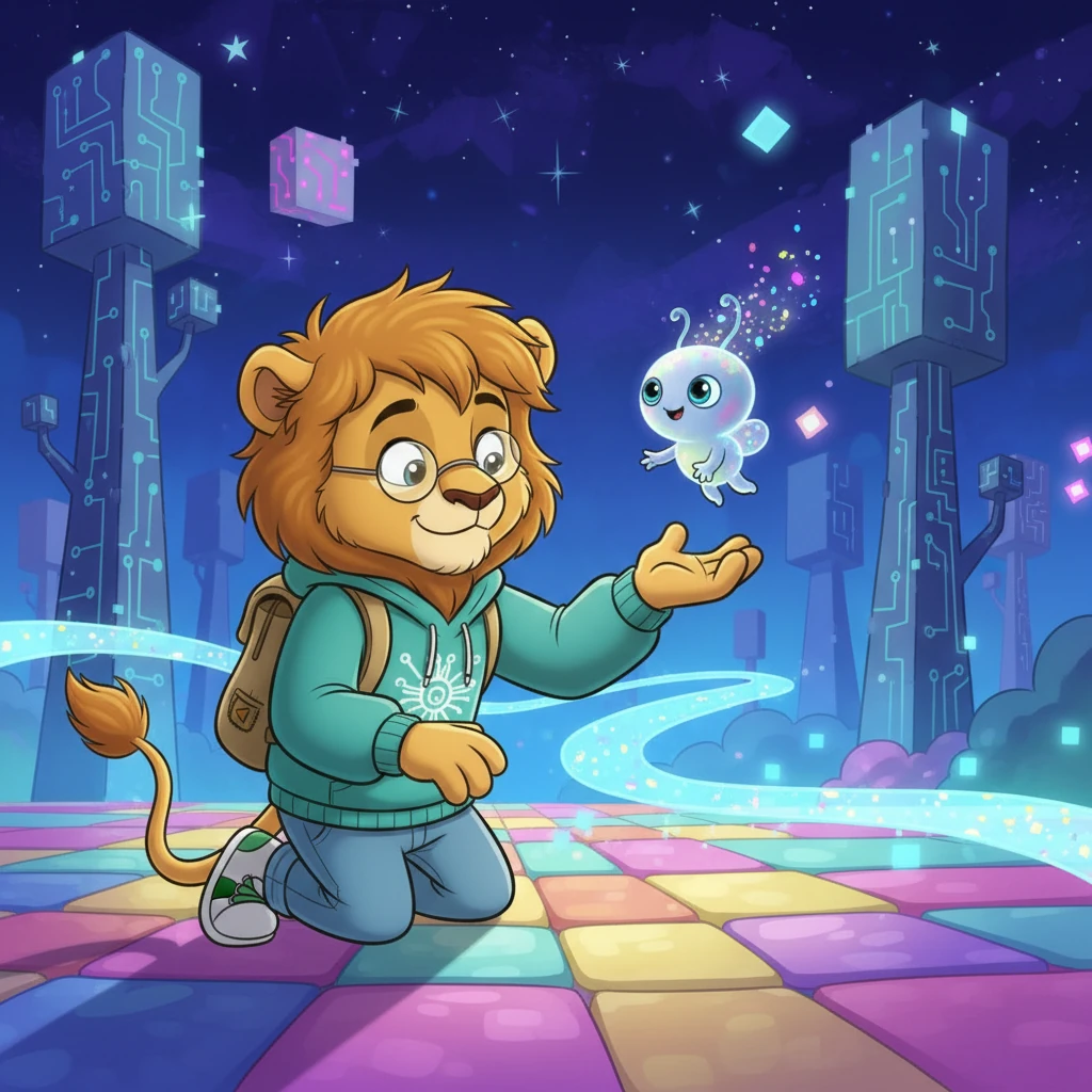 A small, friendly creature, shimmering with tiny glitches and bright, expressive eyes, flutters down to greet Leo. 'Welcome to the Digital Realm!' it chirps, introducing itself as Glitch. Glitch explains that this world is made of imagination and code, and it's quite an amazing place.