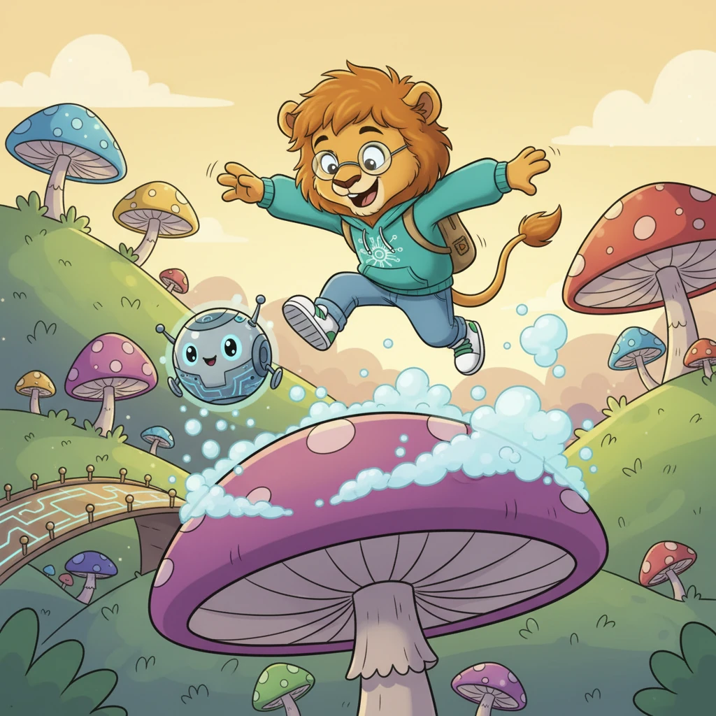 Together, Leo and Glitch embark on a quest through the whimsical landscape, hoping to find the 'Master Server' to understand this world and how to return home. They traverse fields of bouncy mushrooms and cross bridges made of glowing circuit boards. Their journey is filled with laughter and discovery.