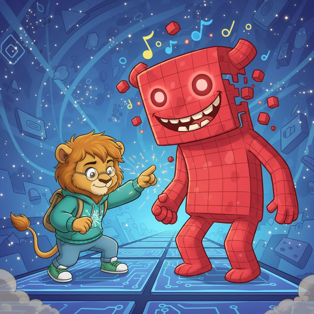 Their path is blocked by a towering, wobbly firewall monster, its eyes glowing red with a mischievous grin. The monster challenges them with a silly riddle about passwords and security. Leo, remembering his own login, cleverly solves it, making the monster giggle and shrink away.