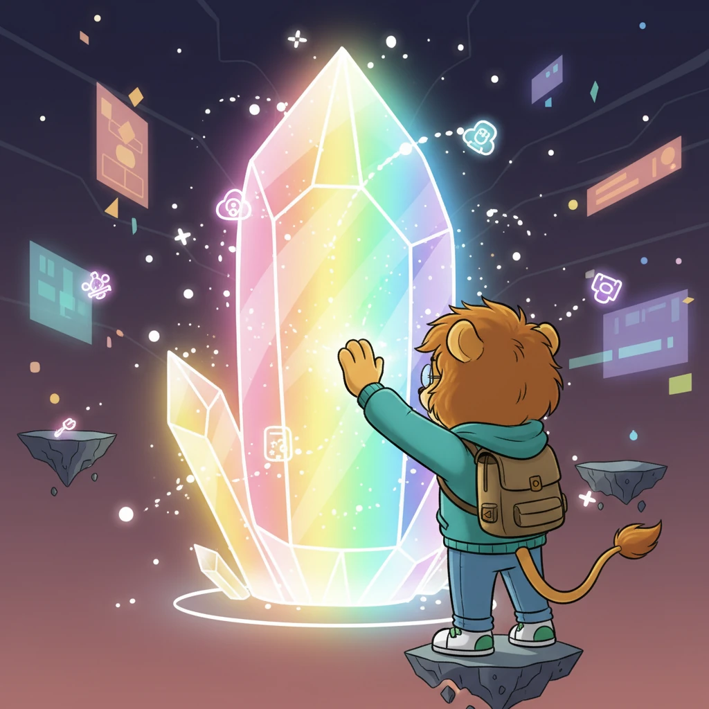 Finally, they arrive at the heart of the Digital Realm: the Master Server, a magnificent, giant crystal pulsing with light and information. It shimmers with all the colors of the rainbow, radiating warmth and knowledge. Leo touches its surface, feeling a connection to every story and idea within.