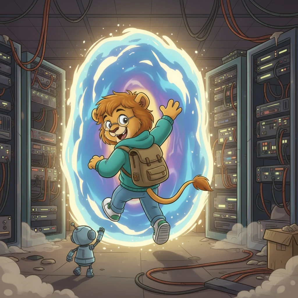 The Master Server reveals that the login portal is always open for those with a curious heart. Leo, now understanding, waves goodbye to his new friend Glitch, promising to visit again soon. He steps back through a shimmering portal, ready for more adventures and a world of possibilities.