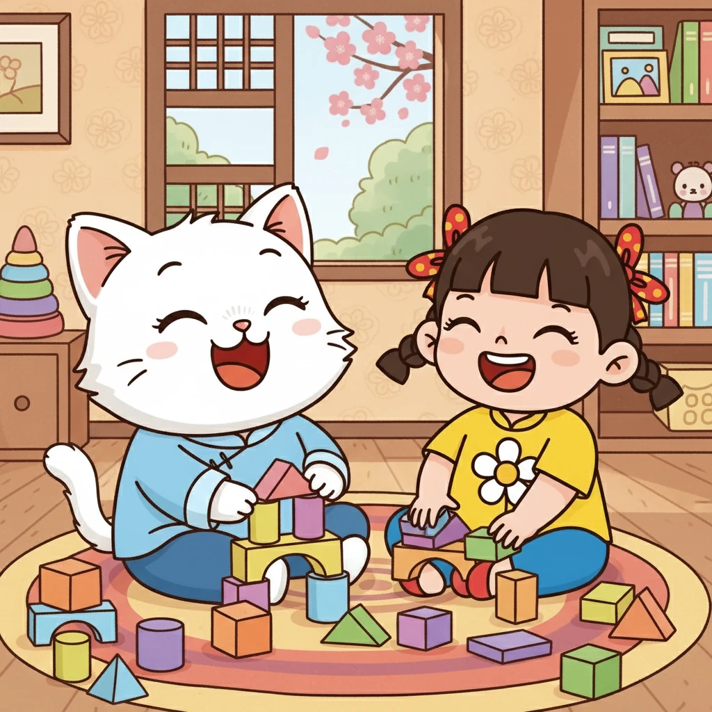 那個小女孩抬頭看了看花花，也笑了起來，點點頭說：「好啊！我的名字叫小美。」花花和小美一起玩積木，她們笑得很開心。