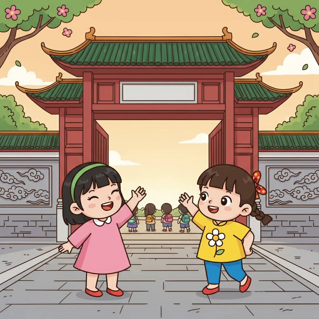 放學的時候，花花和小美一起走到校門口。花花對小美說：「明天見！」小美也開心地揮手說再見。