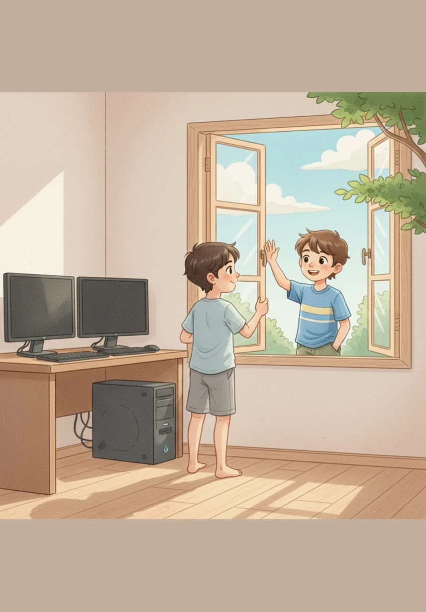The very next morning, Zakaria made a brave choice and pushed the power button until every screen went dark. He rushed to the window and threw it open, greeted by Moaad’s bright smile and the promise of a new day.