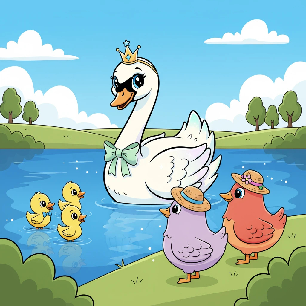 Grace, a stunning white swan, glided across a tranquil lake, her feathers shimmering under the sun. All the farm animals, from tiny ducklings to plump geese, admired her elegant swimming and majestic beauty. She was truly the belle of the lake.