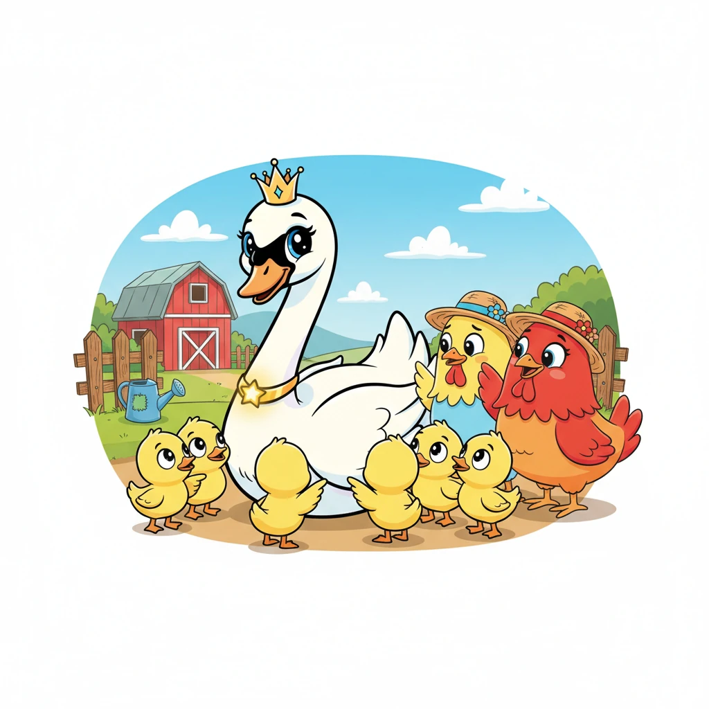 One sunny morning, Grace decided to explore the bustling farmyard, hoping to make new friends. But as she approached, the other ducks stared with wide eyes, whispering about her unusually long neck and different feathers. Soon, some animals began to tease her, calling her strange and out of place.