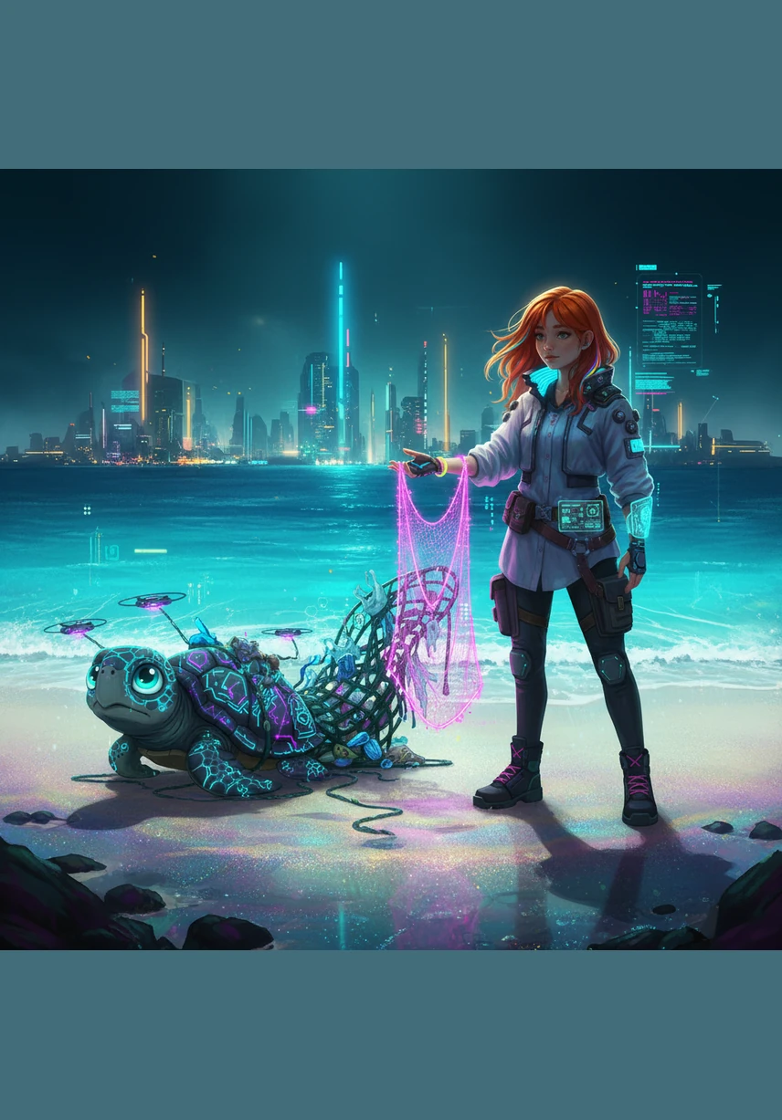 Alba contempla el horizonte turquesa de la Isla de Cristal desde la orilla, donde una aleta solitaria se asoma entre las olas bajo el sol de la tarde. El título El Latido de la Arena brilla sobre el paisaje marino, marcando el inicio de una historia de esperanza.