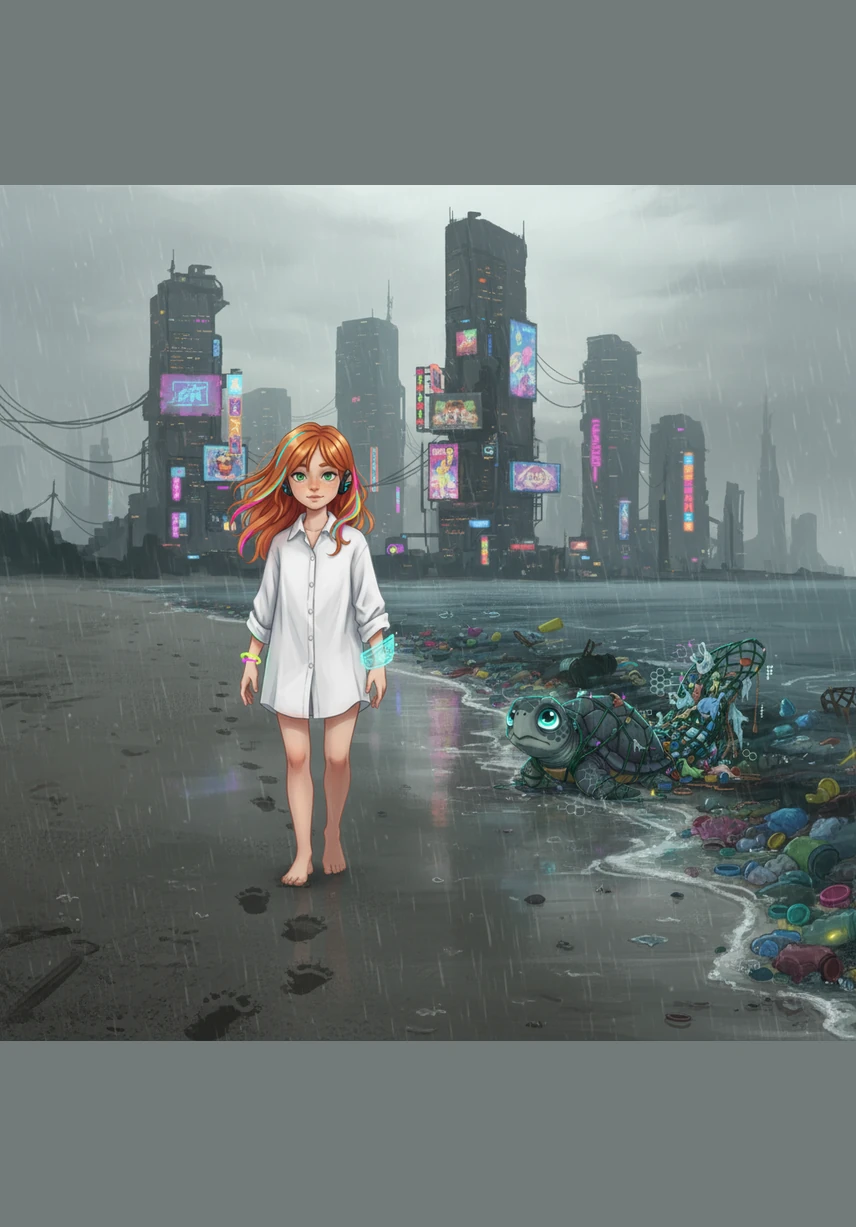 En la Bahía del Olvido, la arena solía moverse con el baile de las tortugas, pero ahora solo quedan redes rotas y botellas que el viento arrastra como fantasmas. Alba camina por la orilla, dejando pequeñas huellas solitarias en un paisaje hermoso pero herido por el plástico.