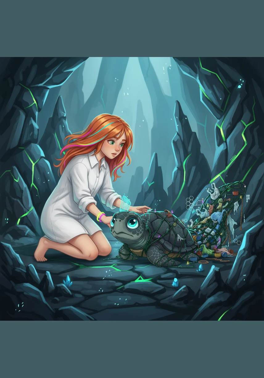 Entre las rocas afiladas, Alba descubre un bulto verde y enredado que se mueve con espasmos lentos. Al acercarse, se encuentra con los ojos grandes y brillantes de Nura, una pequeña tortuga atrapada en una red pesada cargada de tapones y bolsas de plástico.