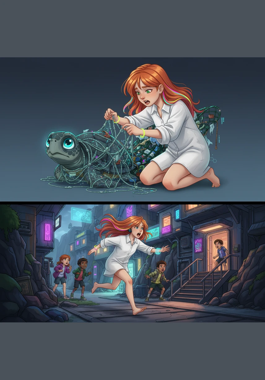 Alba intenta liberar a la tortuga con sus dedos, pero los nudos de nailon son demasiado fuertes y están muy apretados. Comprendiendo que no puede hacerlo sola, corre hacia el pueblo con el pelo al viento, llamando a los demás niños para salvar a la reina del mar.