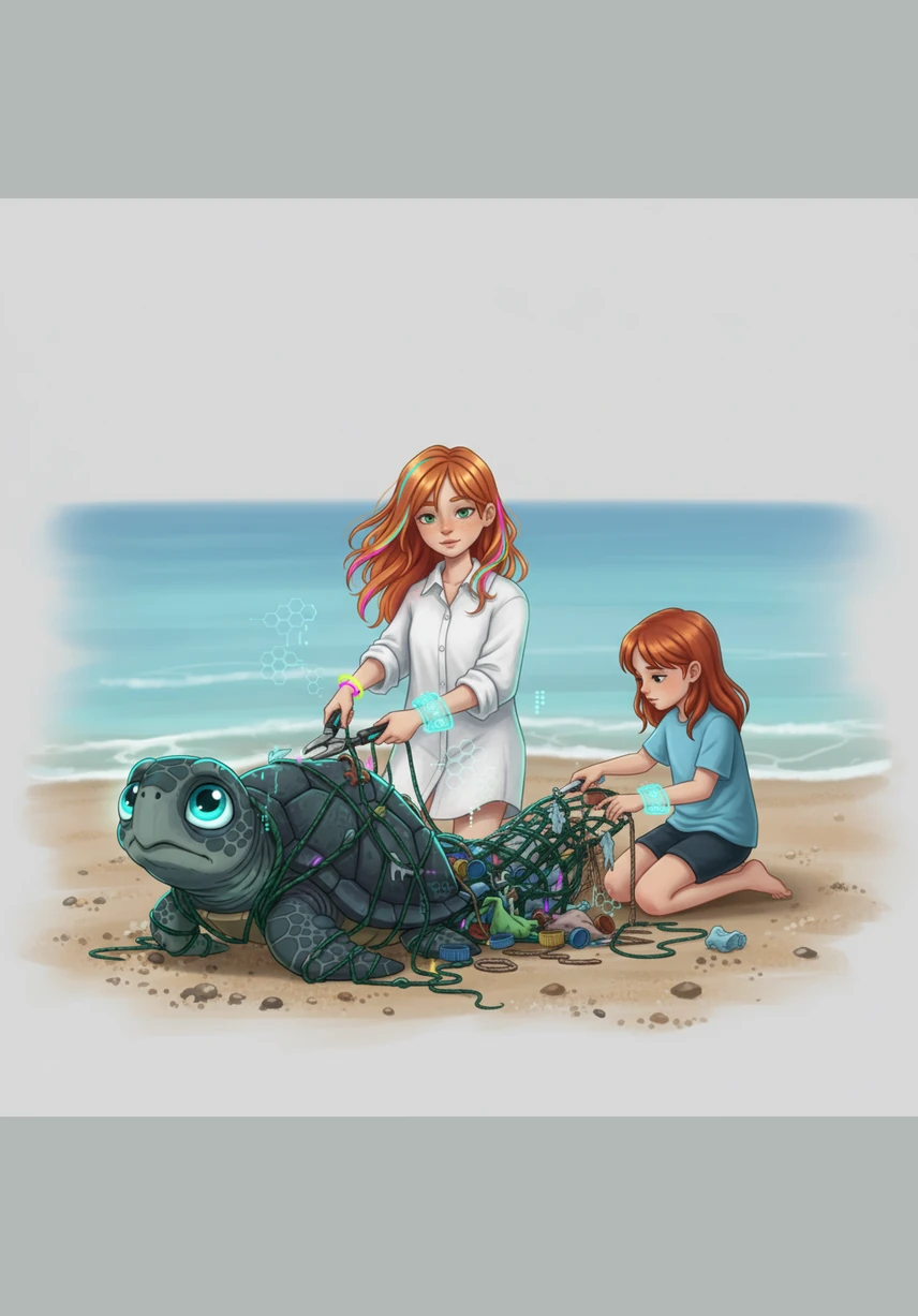 Con movimientos suaves y precisos, los niños comienzan a cortar las cuerdas que asfixian a la pequeña tortuga. Mientras unos cortan el plástico con cuidado, otros refrescan el caparazón de Nura con agua fresca para mantenerla fuerte durante el rescate.