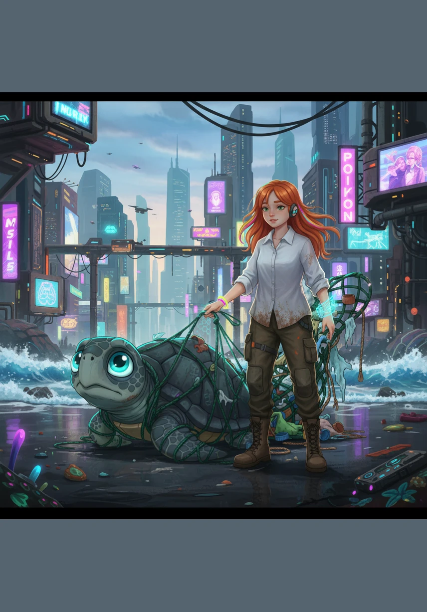 El último nudo cae a la arena y Nura estira sus aletas sintiéndose ligera y libre por primera vez en meses. Los niños se apartan con alegría, formando un pasillo de honor en la arena para que la valiente tortuga pueda avanzar hacia el océano.