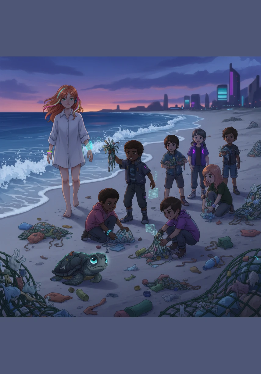 Mientras Nura camina con paso firme hacia la espuma blanca, los niños recogen cada trozo de red y basura de la orilla para que nunca más vuelva al mar. Sus rostros reflejan orgullo y felicidad mientras limpian el hogar de sus amigos marinos.