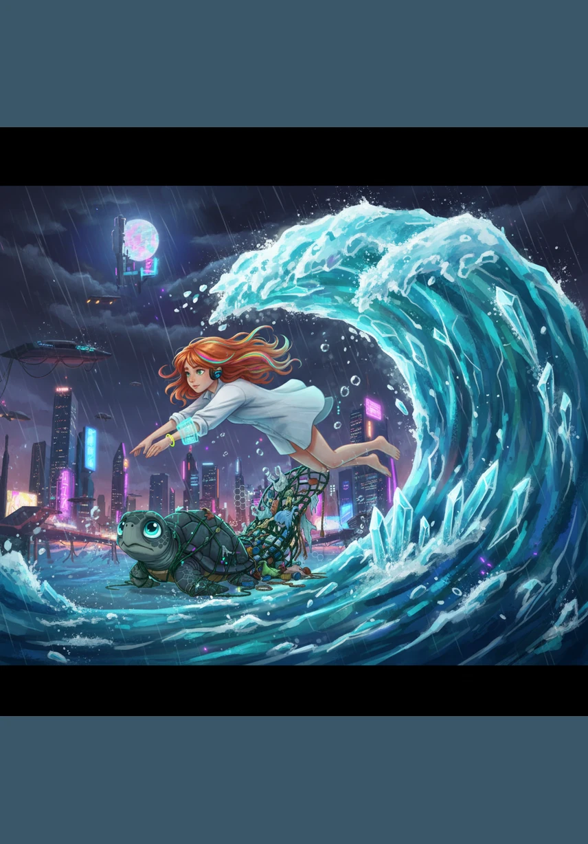 Nura se sumerge en una ola de cristal y se reencuentra con su familia en las profundidades de un mar que vuelve a brillar. Desde la orilla, los niños ven con asombro cómo varias cabecitas asoman entre las olas, celebrando el regreso de las tortugas.