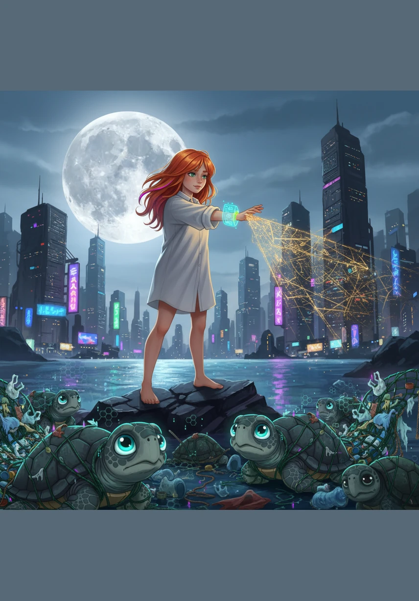 Bajo la luz plateada de la luna, la playa ahora tiene un nuevo nombre: la Bahía del Regreso. Una huella de niño y una huella de tortuga quedan grabadas juntas en la arena mojada, simbolizando que el corazón de la isla ha vuelto a latir con fuerza.