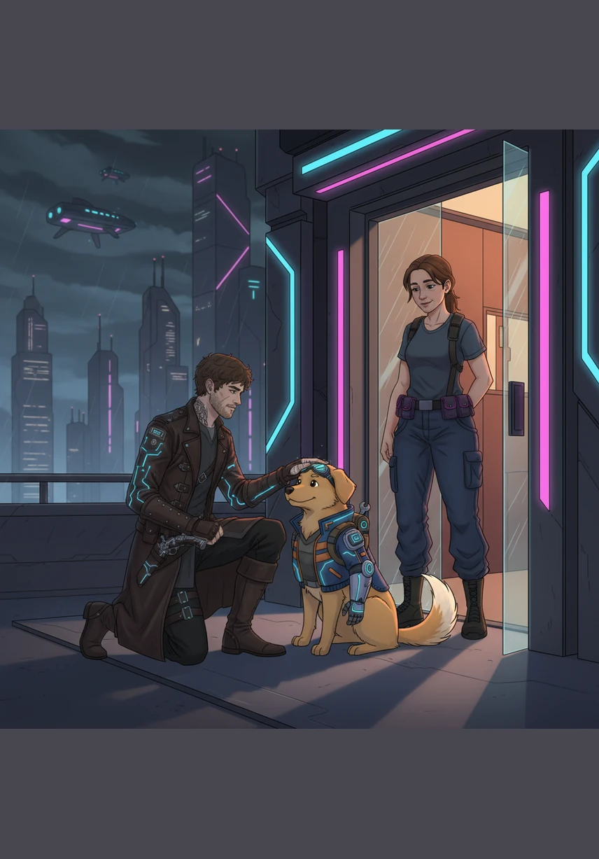 Elias kneels down to give Cooper a final pat on the head at the dog sitter’s front door. The golden retriever wags his tail enthusiastically, trusting his best friend’s promise to return for him before the day is over.