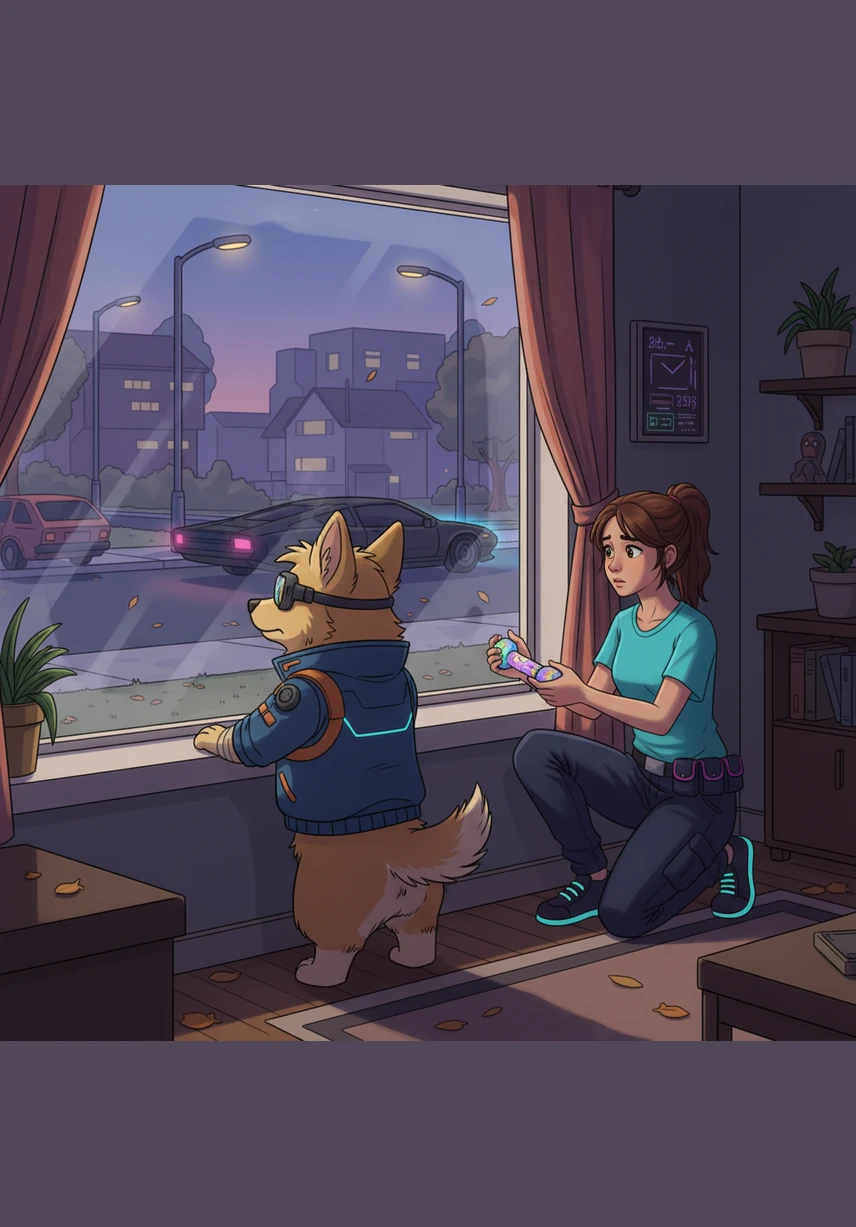 Cooper watches from the living room window as Elias’s car disappears around the corner of the quiet, leaf-strewn street. The sitter offers a colorful chew toy, but the dog remains focused on the driveway, his ears perked for the familiar sound of a returning engine.