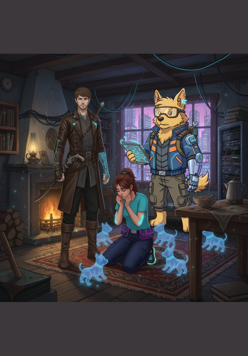 The sky turns a bruised purple, and a sudden, inexplicable chill fills the air inside the cozy cottage. Cooper stands up abruptly, his fur bristling as he stares into the empty hallway with an expression of deep confusion and sudden longing.