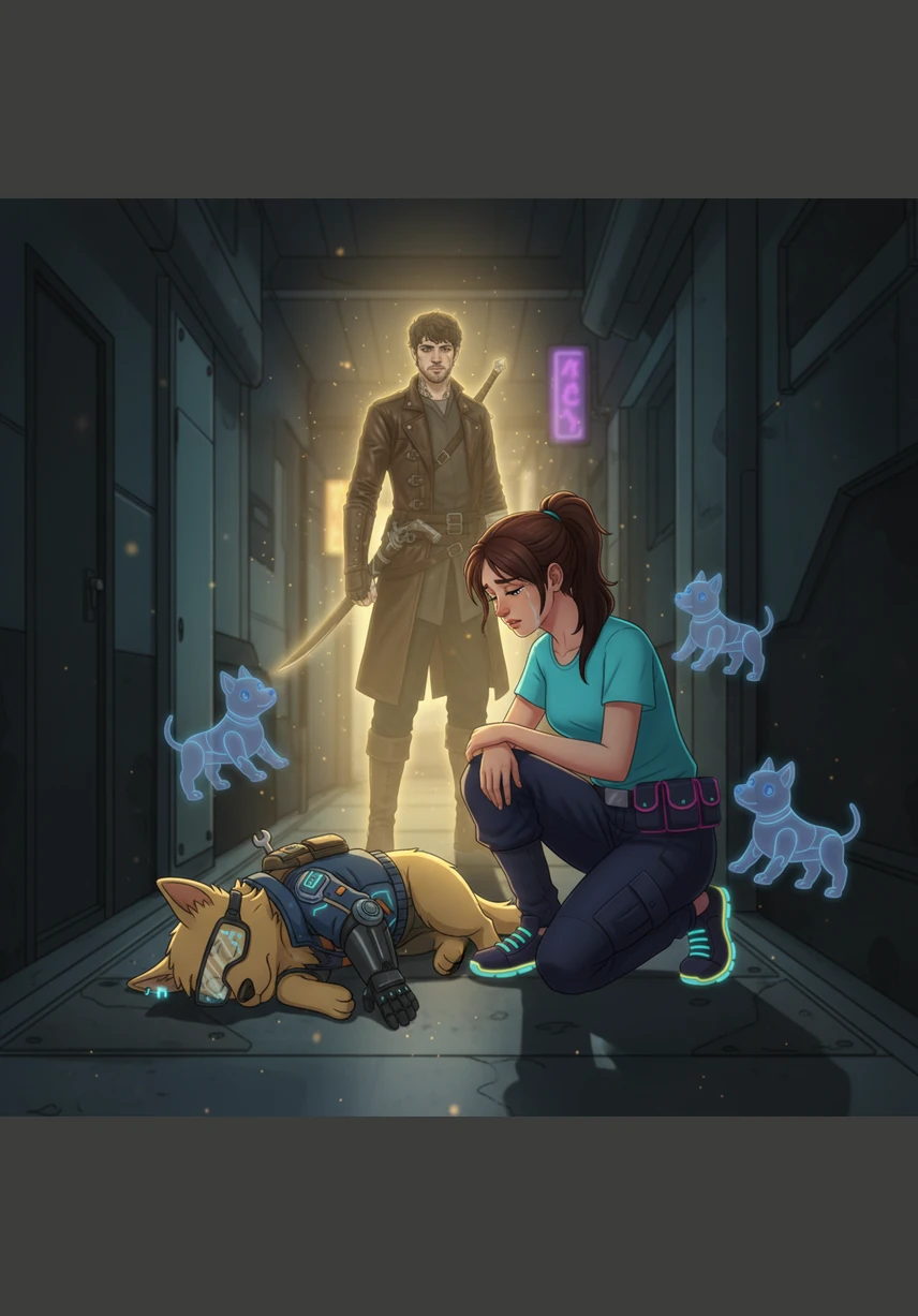 The sitter enters the room and kneels beside the still, golden dog, her heart breaking as she realizes he has passed away. Just then, a soft, ethereal glow begins to illuminate the darkened hallway, bringing with it a sense of profound peace.