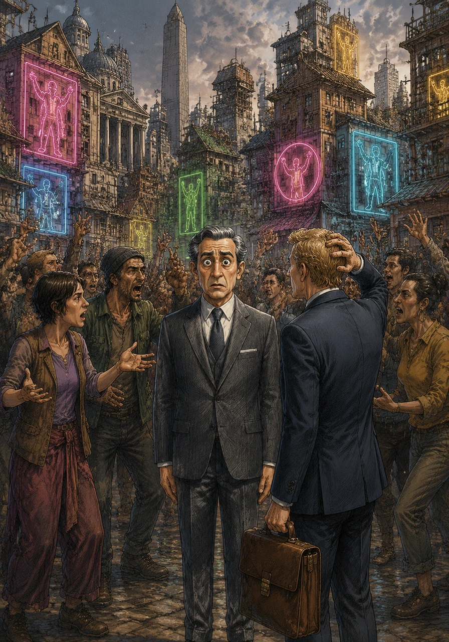 In the sprawling city of Liberty’s Echo, neon signs flash with slogans of absolute equality while citizens gather in the streets to debate every law at the top of their lungs. The architecture is a jagged mix of grand monuments and humble shacks, reflecting a society where no building is allowed to stand taller than its neighbor for long.