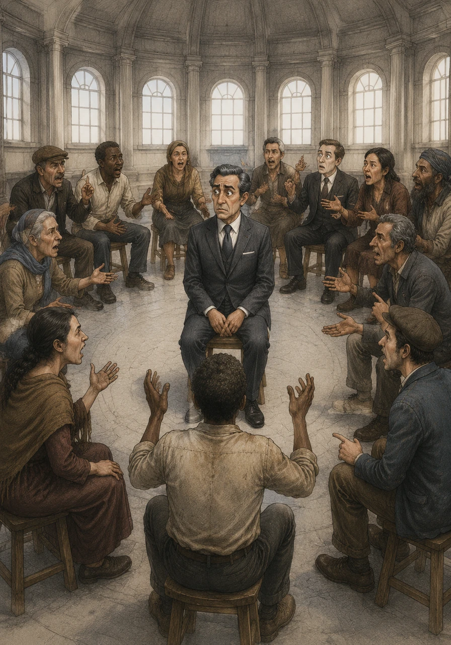 Inside the People’s Hall, there are no elevated benches or velvet chairs, only a vast circle of identical stools where everyone sits at the same eye level. Caleb listens to a dozen citizens shouting their grievances simultaneously, as the law dictates that no voice should be silenced or prioritized over another.