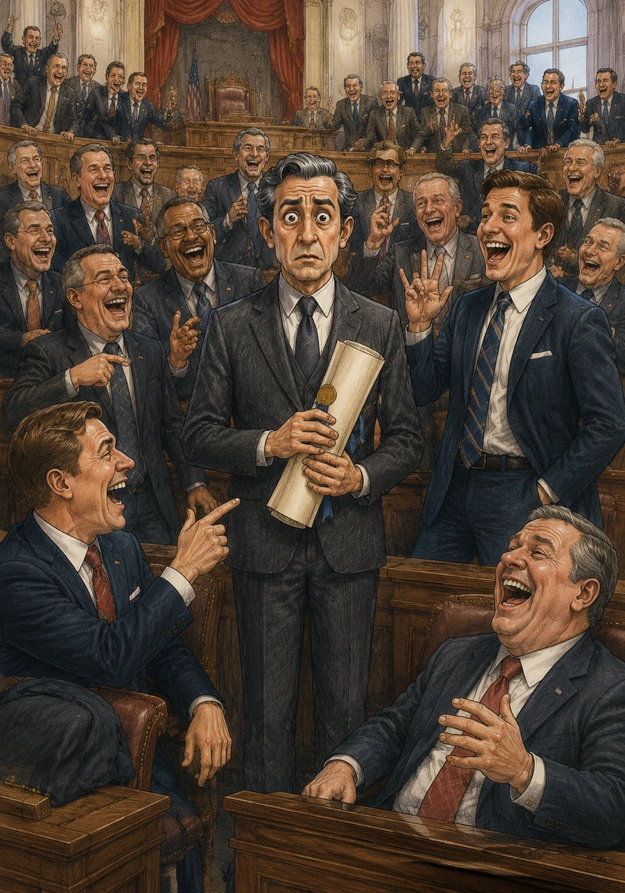 A bewildered foreign envoy stands in the center of the chaos, clutching a formal treaty and asking to speak with the President. Caleb and the crowd laugh heartily, explaining that there are three hundred million presidents here and the envoy must convince every single one of them.