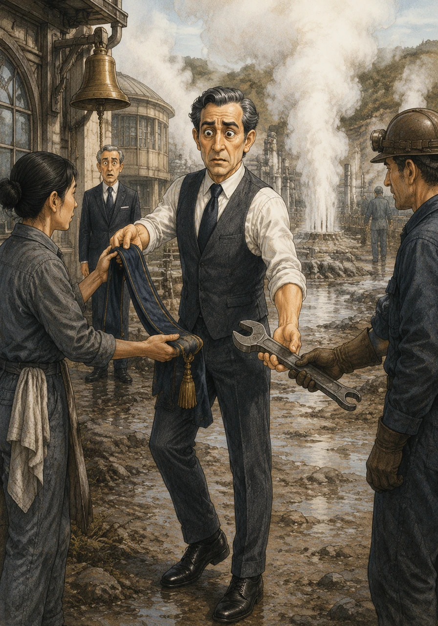 When the midday bell chimes, Caleb immediately strips off his formal sash and hands it to a woman who was previously cleaning the windows. He accepts a heavy industrial wrench from a passing engineer and heads toward the geothermal vents to begin his afternoon of manual repair work.