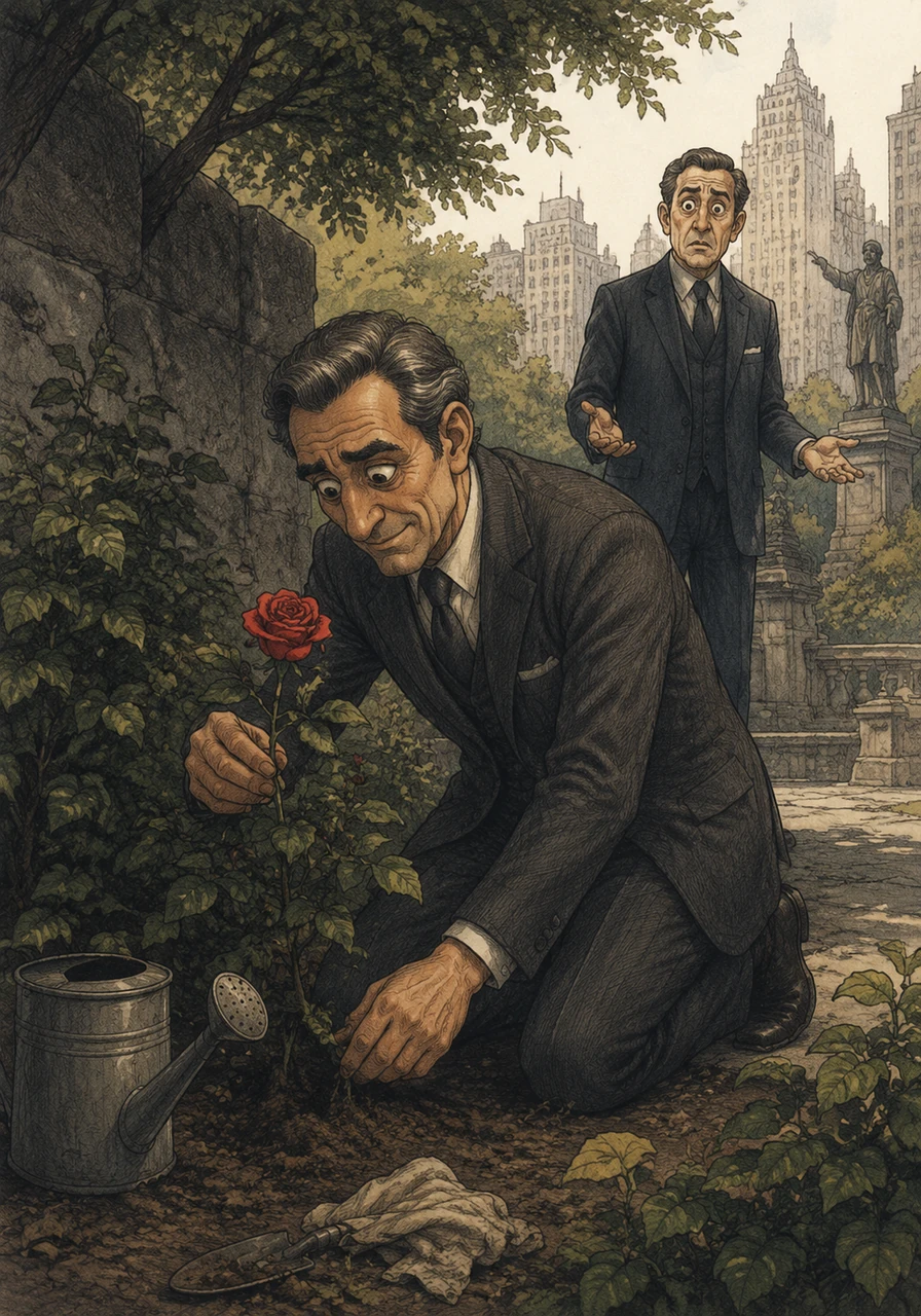 Caleb retreats to a small, hidden corner of the city park where he has secretly tended to a single rosebush for months. He knows that if he is caught, the plant will be uprooted and redistributed, but for a moment, he finds peace in the quiet act of individual care.