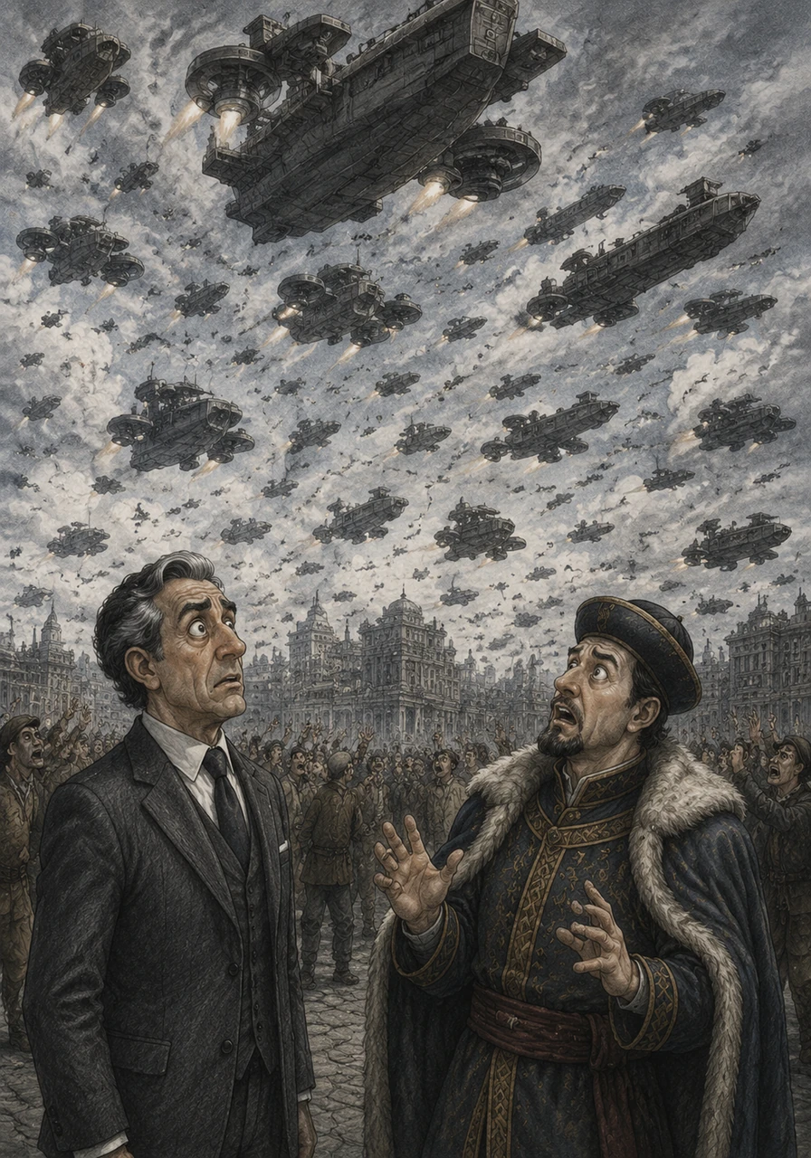 News reaches the square that a neighboring empire has moved its borders, prompting a massive, uncoordinated mobilization of the Equalist fleet. Thousands of ships launch into the sky, each pilot arguing over the radio about the best tactical approach, creating a terrifying and unpredictable swarm of democratic fury.