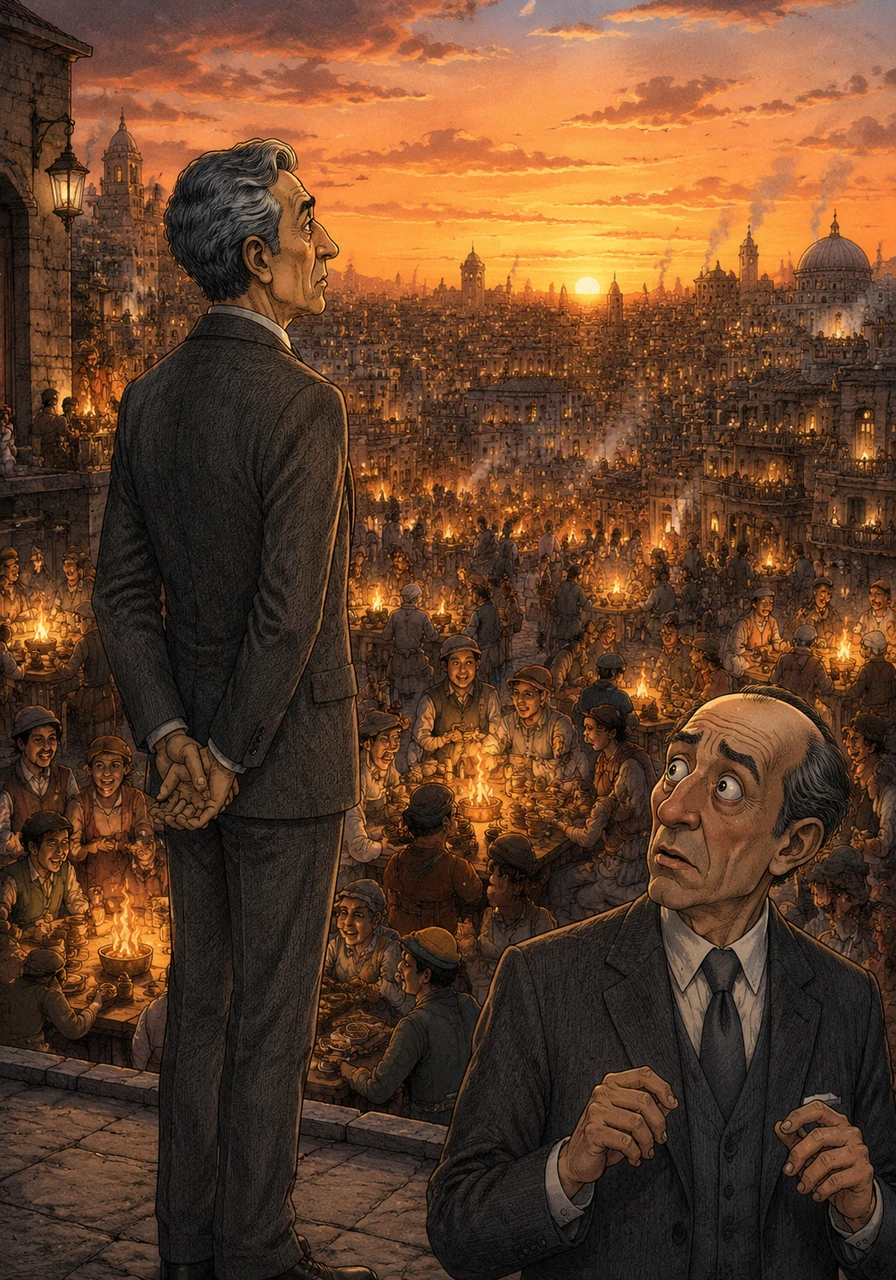 As evening falls, the city glows with the light of a million small fires where families and strangers share their evening meals in a rotating feast. Caleb watches the sunset, realizing that while the noise is exhausting, the absence of masters makes every citizen the author of their own chaotic destiny.