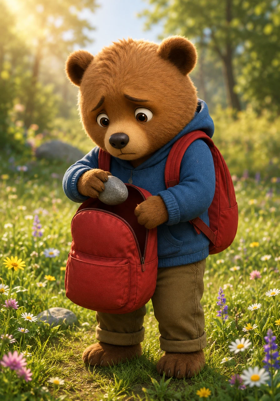 Oliver was a little brown bear who loved to explore the sunny meadows, but he also had a habit of collecting things. Whenever he felt worried or anxious about something, he would pick up a smooth grey stone and drop it into his bright red backpack.