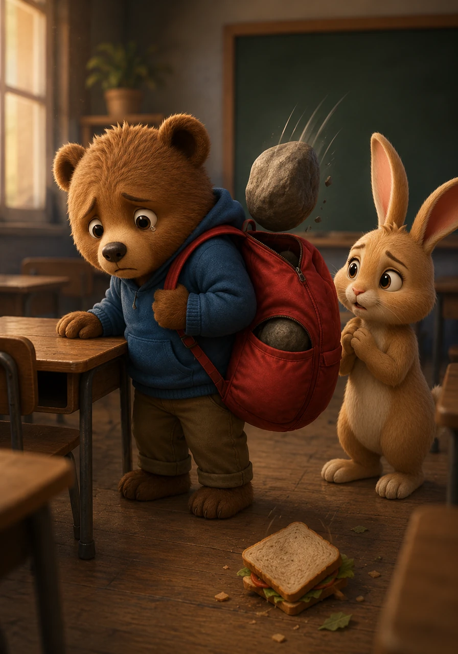 At school on Monday, Oliver worried deeply about his spelling test, causing a heavy stone to drop into his bag with a loud clink. By Tuesday, after accidentally dropping his favorite sandwich on the floor, another stone went clank into the increasingly plump backpack.
