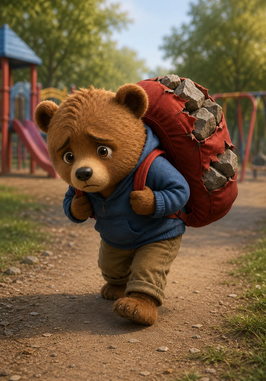 By Friday afternoon, Oliver’s red backpack was completely bursting at the seams with heavy stones. His shoulders ached terribly from the immense weight, and he could barely manage to drag his feet down the path toward the school playground.