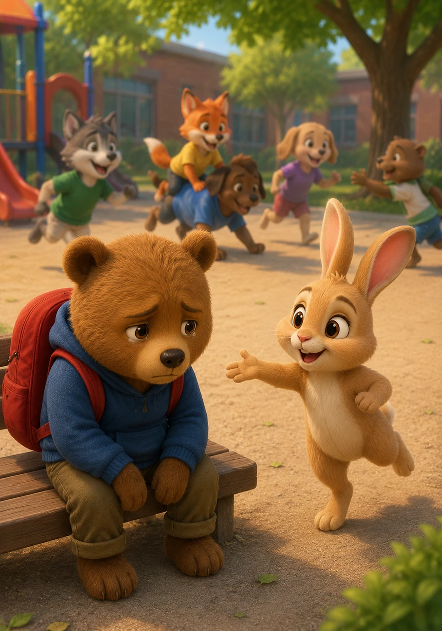 On the playground, his joyful friends were laughing and playing a lively game of leapfrog and tag. Mia the Rabbit hopped over and cheerfully called for him to join, but Oliver could only sigh and mutter that he was simply too tired to play.